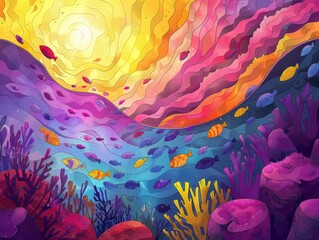 A beautiful painting of a coral reef with many colorful fish swimming around. The reef is full of vibrant colors.