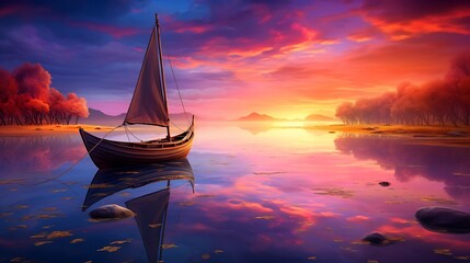 The tranquil beauty of twilight unfolds in this captivating image, with the solitary boat gently rocking on the calm waters under the colorful palette of the setting sun