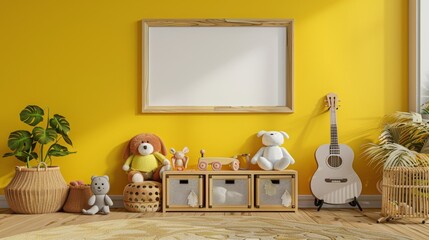 Detailed view of a child's room, yellow wall with a mock-up frame, decorated with plush toys, a guitar, and a stylish rattan sideboard