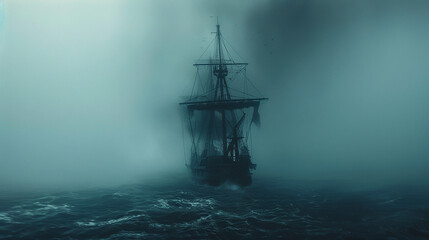 A ghostly ship emerges from the fog on a stormtossed sea its spectral crew bound to a tragic fate