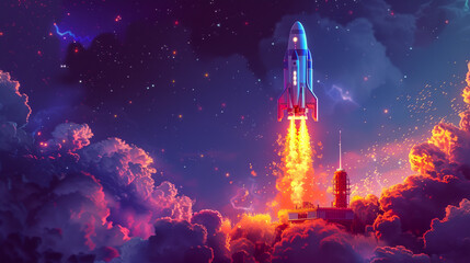 A pixel art spaceship blasting off from a retro launchpad leaving a trail of vibrant pixels in its wake