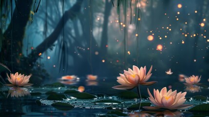 An enchanting fairytale scene, with lotus blooms floating on a magical pond, surrounded by towering trees and twinkling fireflies
