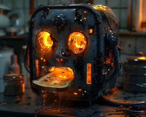 The toaster is made of metal and has a face with two eyes and a mouth