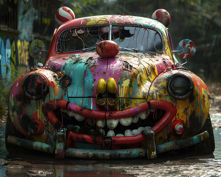This is a photo of a clown car. The car is painted with bright colors and has a clown face on the front. The car is parked in a