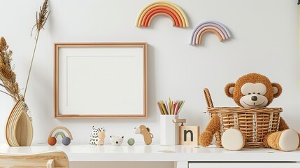 Detailed boy's room setup with a mock poster frame on a white desk, including a plush monkey, animal wicker basket, and rainbow ornament, homey and personal