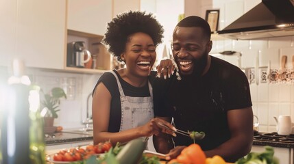 A couple laughing while cooking a meal together at home