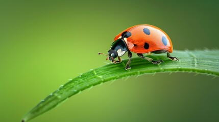 Fototapeta premium Charming ladybug gracefully perched on a vibrant, lush green leaf in a picturesque scene