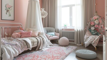 Delicate pink themed kids' room, complete with playful furniture, themed bedding, and a cozy reading nook, fostering creativity and safety