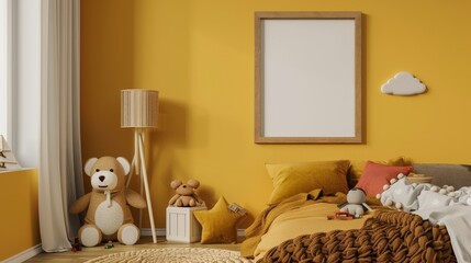 Creative yellow children's bedroom, showcasing a mock-up poster frame, plush lampa, and braided bed with brown bedding, complete with colorful personal toys