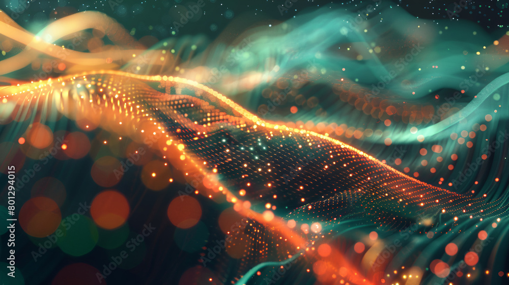 Poster Abstract background digital line dot technology concept,a vibrant 3D network of interconnected points and lines glowing,Abstract blue technology wave with dots and lines. Flow of particles

