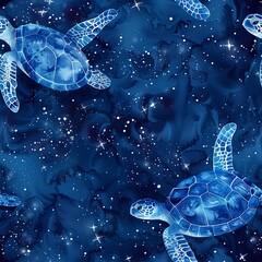 Turtles with cosmic shells, ancient boho watercolor, seamless pattern, deep blues and starry whites, timeless journeyers. Seamless Pattern, Fabric Pattern, Tumbler Wrap, Mug Wrap. - obrazy, fototapety, plakaty