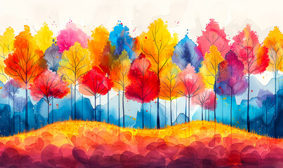 Vibrant Watercolor Panorama: Lush Green Trees Artistically Rendered, Nature Landscape Illustration