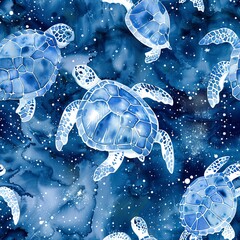 Turtles with cosmic shells, ancient boho watercolor, seamless pattern, deep blues and starry whites, timeless journeyers. Seamless Pattern, Fabric Pattern, Tumbler Wrap, Mug Wrap. - obrazy, fototapety, plakaty