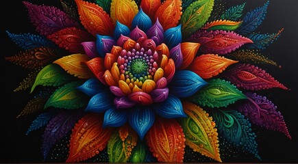 painting of a colorful flower on a black background