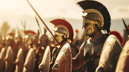 An epic shot of a Spartan hoplite in formation, shield raised and spear ready for battle.



