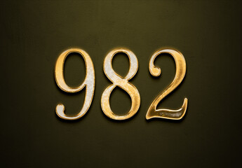 Old gold effect of 982 number with 3D glossy style Mockup.	