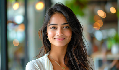 Charming Young Indian Businesswoman, Big Eyes Smiling at Modern Office - Friendly, Attractive Corporate Professional Portrait