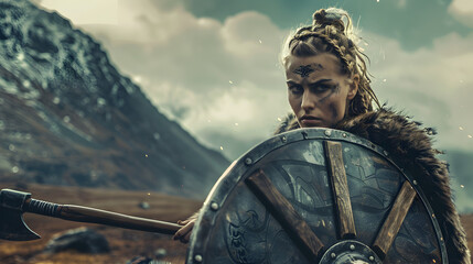 An epic shot of a Viking shieldmaiden in battle, holding a round shield and axe.


