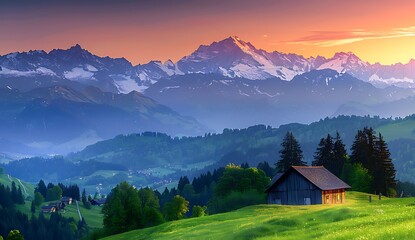  Beautiful panorama of sunrise over the Alps Mountain range with green meadows and wooden houses in...