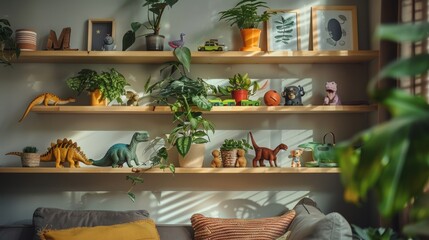 Fototapeta na wymiar Cozy kids room close-up, shelves adorned with plants, dinosaur toys, and dolls, reflecting lively home decor, living room ambiance
