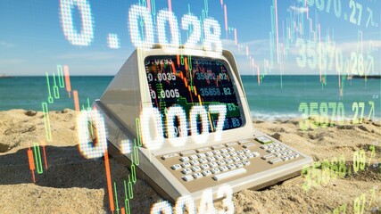computer on a beach with data and code on screen - 801294636