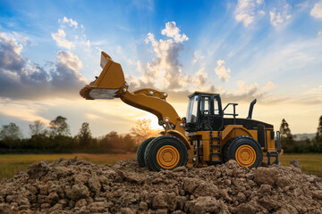 Wheel loader are digging the soil in the construction site on the  sunset background