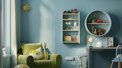 Cozy corner in a kid's room with a green armchair, round shelf filled with toys, and a gray desk, all set against a calming blue wall, homey feel