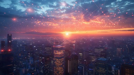 Fototapeta premium Digital Dawn: Cityscape with Symbolic Network Overlay