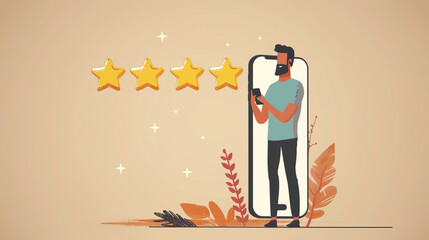 Illustration of a man rating a service on his smartphone, surrounded by four stars. Concept of customer satisfaction, online reviews, and digital feedback.