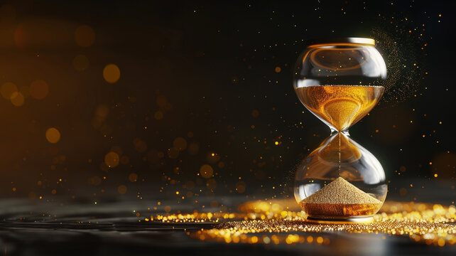 An hourglass with golden sand flowing.