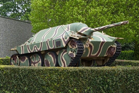 Bayeux, France - Apr 28, 2024: Jagdpanzer 38t German tank destroyer (Hetzer). It's one of the most tank killers during Second World War. Selective focus.