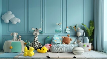 Cozy and inviting children's room with a soft blue wall, filled with plush animals, colorful decorations, and essential kid-friendly items