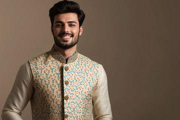 Fototapeta premium young indian man in traditional wear and Nehru jacket.