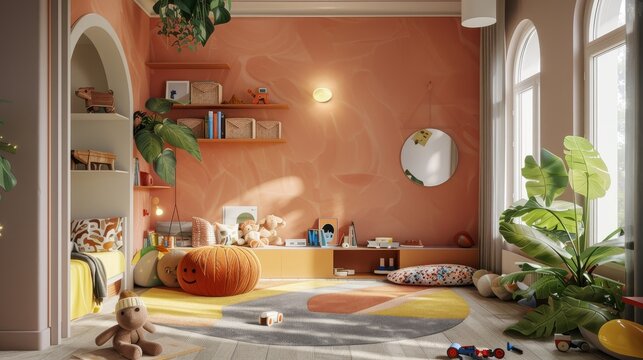 Coral kids' room interior, bright and inviting with playful furniture, a safety-first design, and a cozy reading nook, for fun and learning