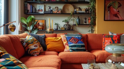 Colorful and modern living room detail, featuring an elegant boucle sofa, creative shelf arrangement, and a variety of lively decorations, homey and stylish