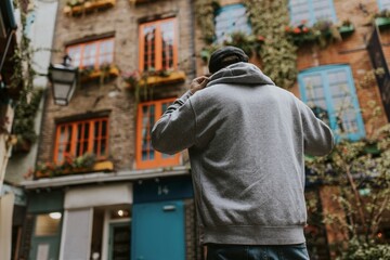 Fototapeta premium Man in gray hoodie rear view, standing in front of apartment