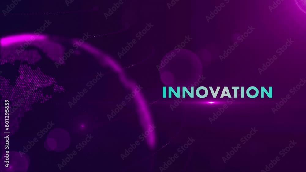 Poster futuristic innovation lettering on purple blue shiny partial view of dotted globe earth world map mo