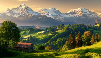  Beautiful panorama of sunrise over the Alps Mountain range with green meadows and wooden houses in nature. A panoramic view of the scenic landscape with beautiful natural scenery. - Powered by Adobe