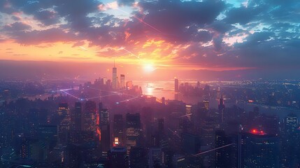 Obraz premium Modern Cityscape with Interconnected Network: Dawn in the Metropolis
