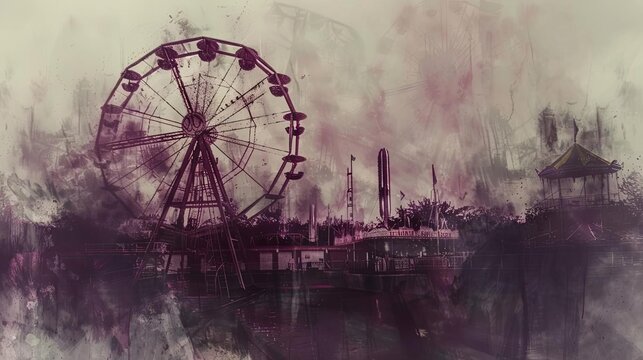 haunted carnival with a ferris wheel in the background, featuring a large wheel and a building in t