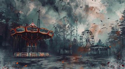Obraz premium haunted carnival with a ferris wheel and trees in the background, featuring a small building and gr