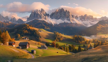  Beautiful panorama of sunrise over the Alps Mountain range with green meadows and wooden houses in...