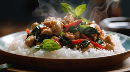 A tempting plate of Thai basil chicken stir-fry (Pad Krapow Gai) served over steaming jasmine rice, inviting viewers to savor the flavors of Thailand.