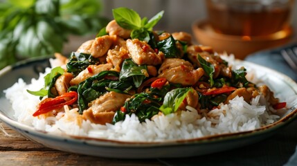 A tempting plate of Thai basil chicken stir-fry (Pad Krapow Gai) served over steaming jasmine rice, inviting viewers to savor the flavors of Thailand.