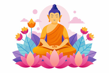 Buddha meditating in lotus flower. Vector illustration.