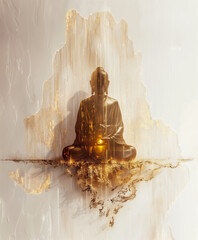 Abstract silhouette paint statue of buddha dark gold tones  with glowing halo light radius head on white background.