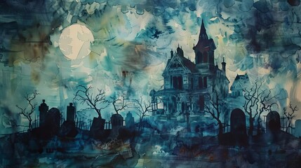 haunted mansion surrounded by bare trees in a painting
