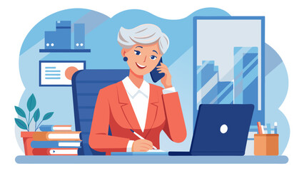 Happy middle aged professional business woman executive making call having conversation at work. Mature female manager or entrepreneur talking on the phone checking document sitting at office desk