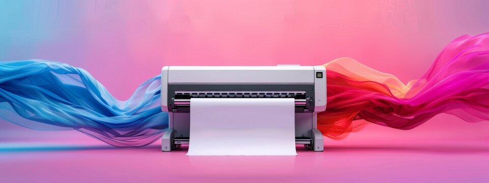 Modern printer producing stunning colorful ribbons in a vibrant pink and blue gradient background