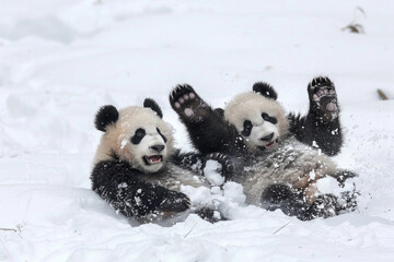 Two playful panda cubs rolling around in the snow